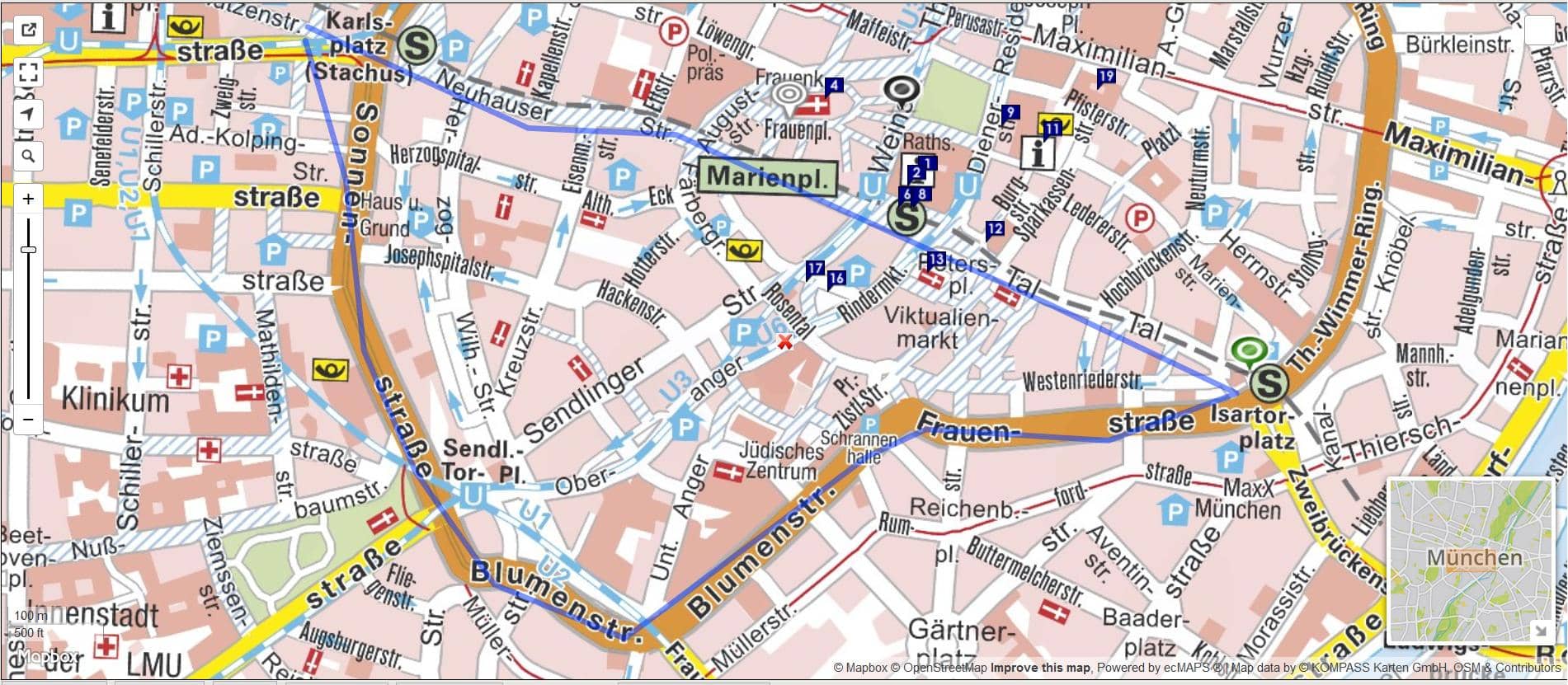 Map with GPX Route Marked in Blue