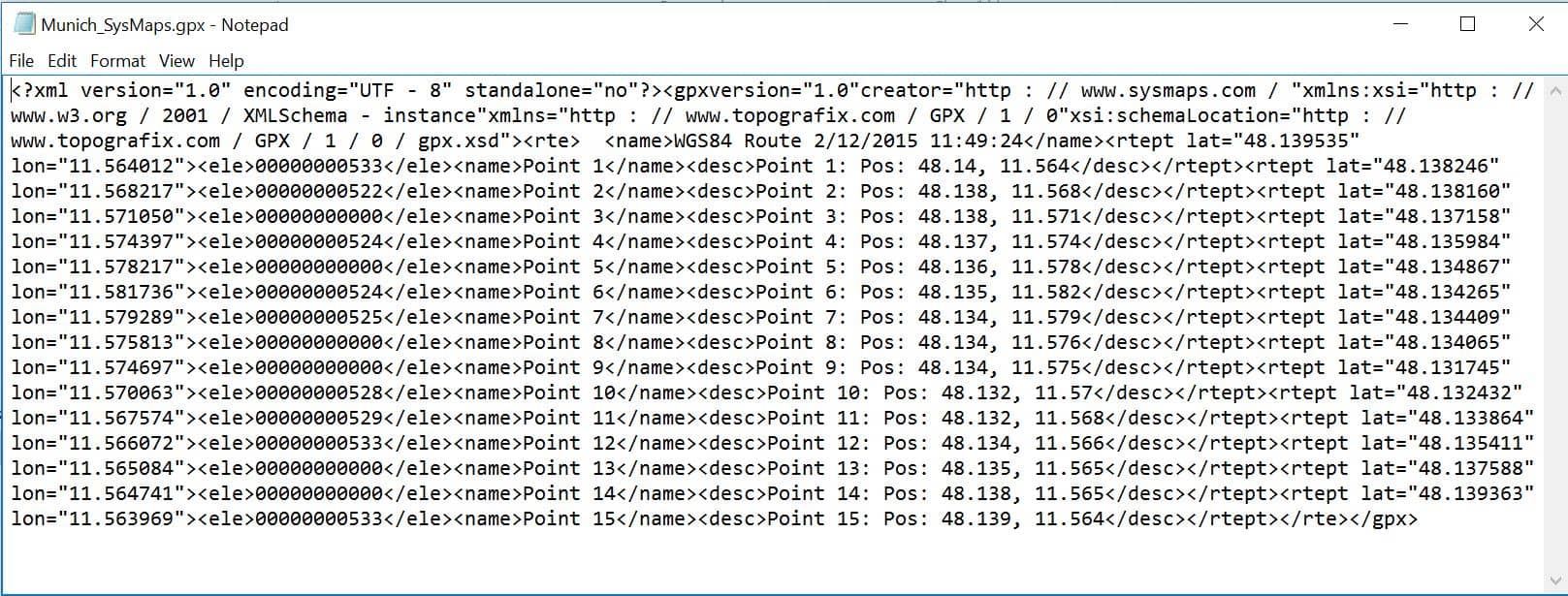 GPX file example showing data points